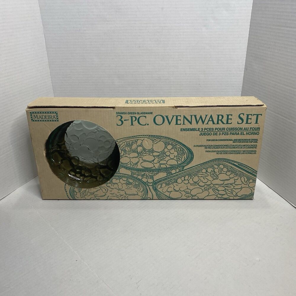 Indiana Glass Madeira 3pc Green Ovenware Set Casseroles Libbey Orchard Fruit VTG